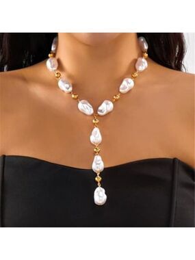 Gold Baroque Pearl Layered Necklace Set Irregular Beaded Y-Choker